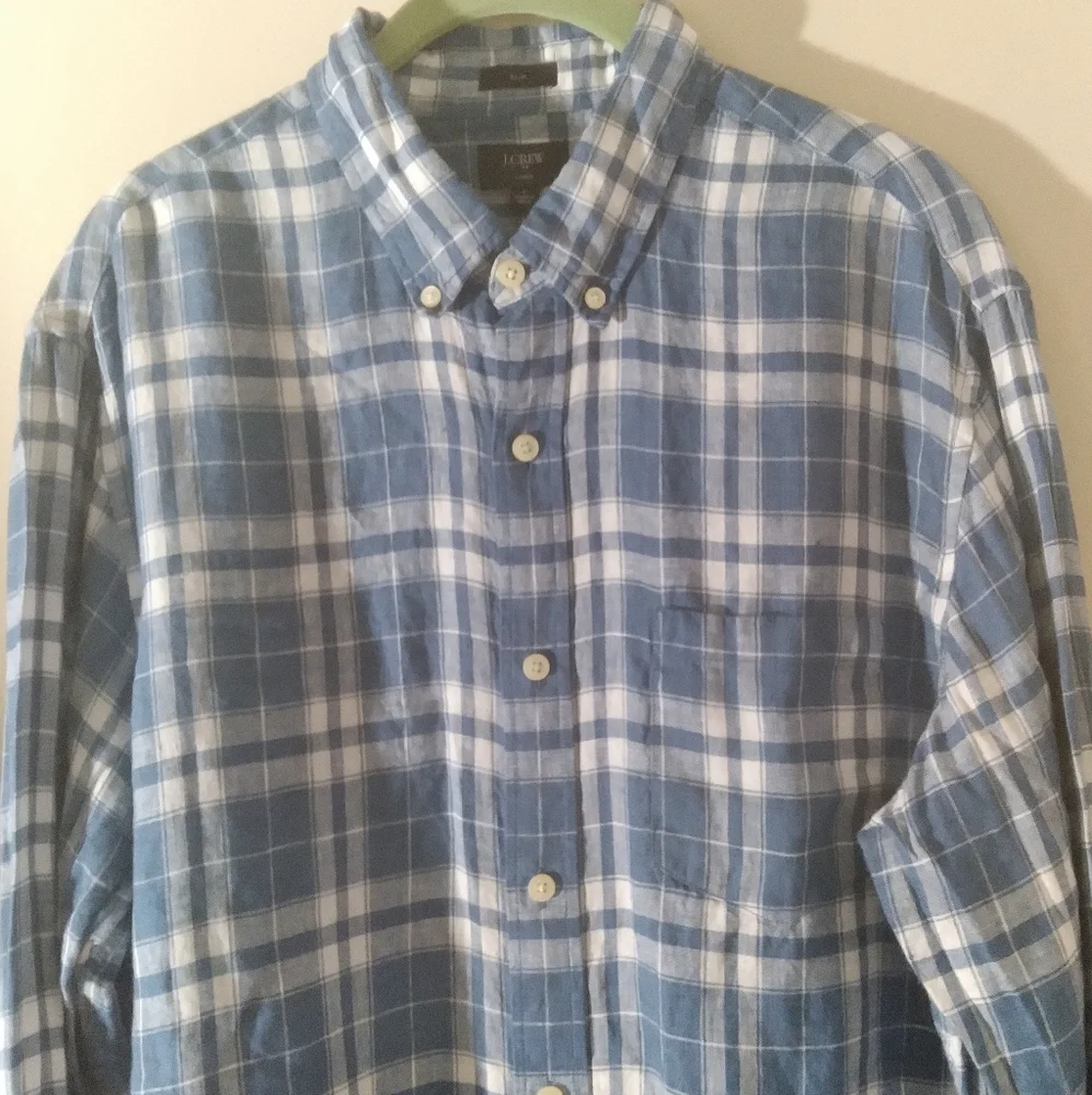 J. Crew Linen Mens Button Down Shirt Blue Plaid Preppy Nautical Summer‎ Large